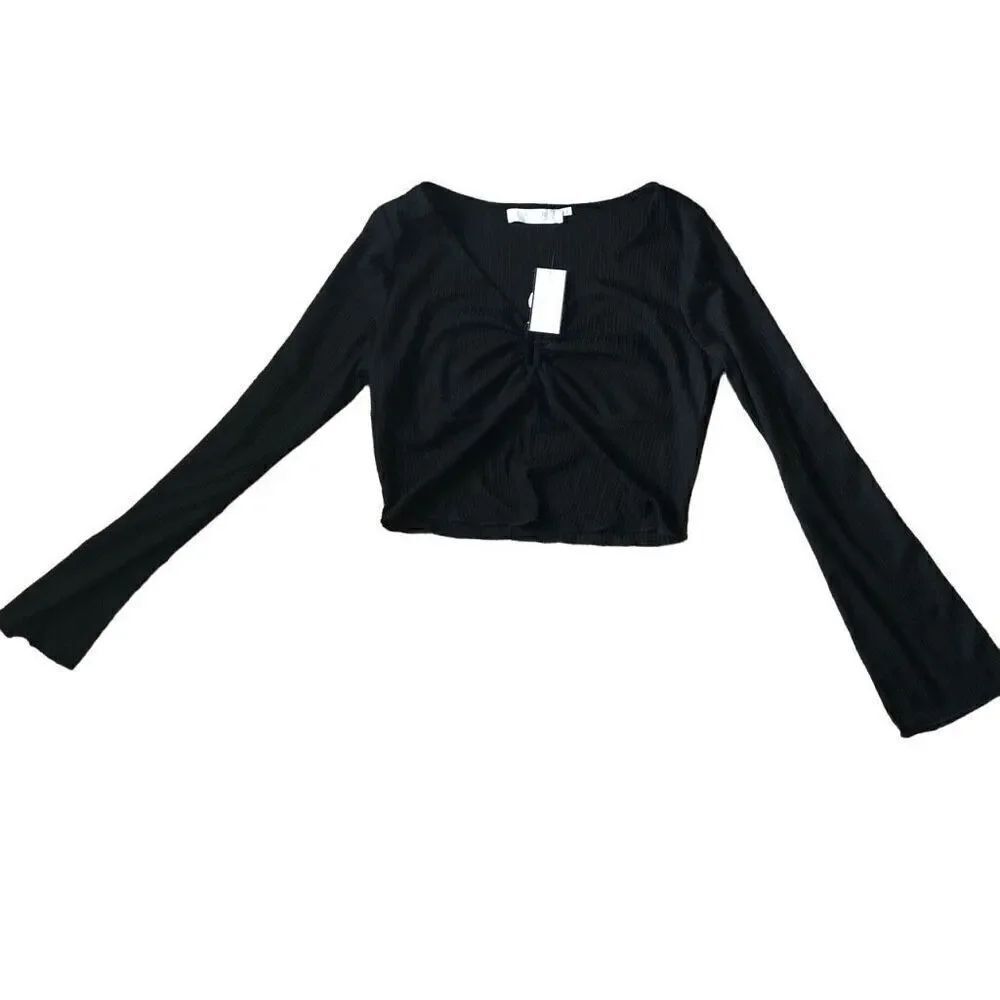 Y2K ASTR Womens Long Sleeve Crop Top XL Bell Sleeve Acrcordian Fabric V-Neck
